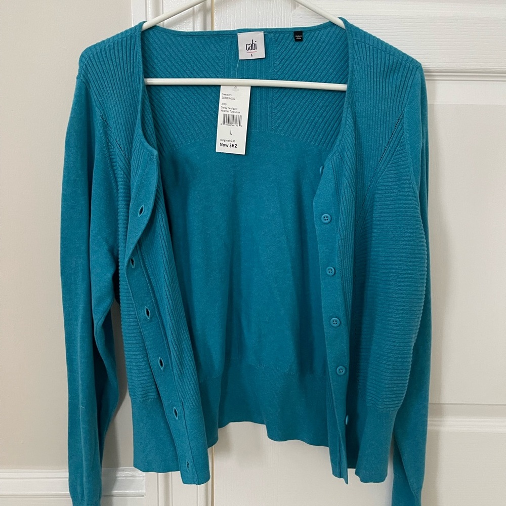 CAbi Darby Cardigan Turquoise. L.